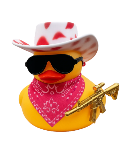 Cool Duck Жовте каченя в біло рожевому капелюсі з гвинтівкою