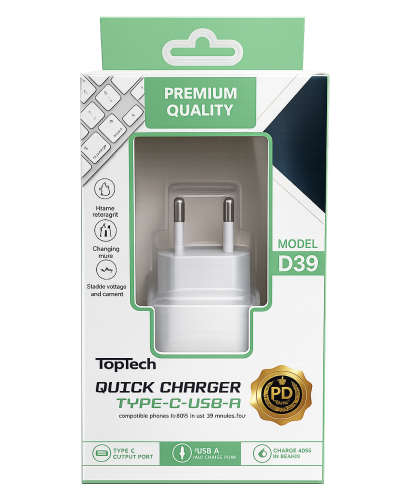 Зарядний адаптер TopTech 20W QC 3.0 + PD USB-A / USB Type-C