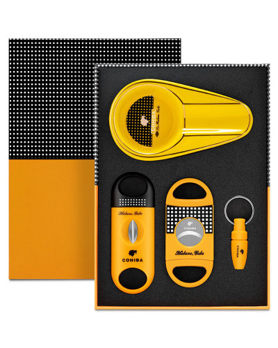 Набір Cohiba жовтий 4 в 1 (попільничка, дирокол, 2 гільйотини)