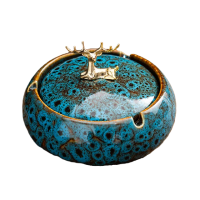 Попільниця кругла керамічна з кришкою, олень (Синій)